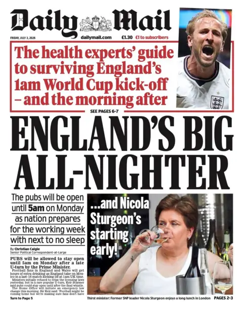 "England's big all-nighter" reads the headline on the front page of the Daily Mail.