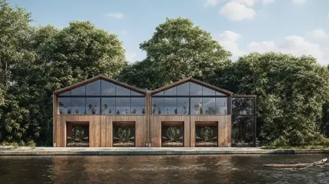 A modern wooden building by the river with large glass windows on its upper floor and four garages for rowing boats on the ground floor. 