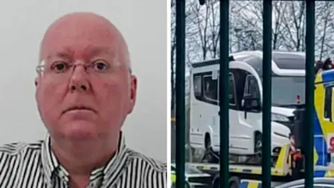 A composite image of a police mugshot of Peter Murrell wearing a striped shirt, next to a white campervan on the back of a recovery truck.