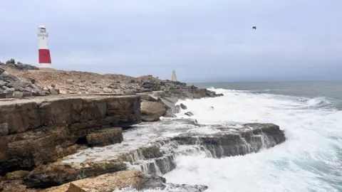 Watergate Miller Waves crash over rocks on the Dorset coast. The sky over head is grey. On the headland you can see the red and white Portland Bill lighthouse