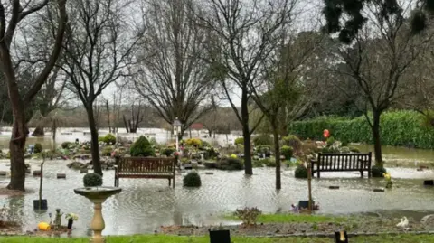 Julia Gregory/BBC Randalls Park Crematorium cemetery in Leatherhead pictured during extreme flooding earlier this month. Elevated water levels can be seen in the cemetery, where some headstones are partly underneath. 