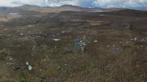 An aerial photograph showing a wide open expanse of peat bog. There are dozens of small pools and very few trees.