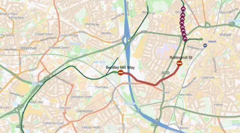 Walsall Council A map showing the section of canal closed between Bentley Mill Way and Rollingmill Street