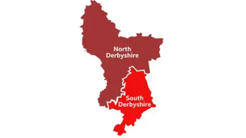 Map of Derbyshire split in two labelled 'north' and 'south' with north coloured in dark red and south bright red 