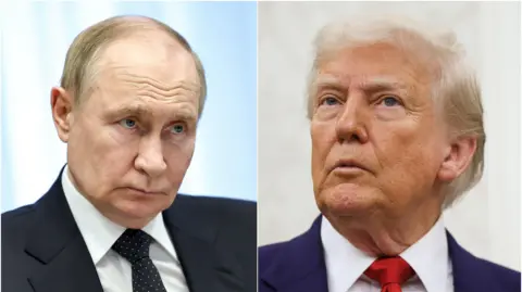 Sputnik/Alexander Kazakov/Pool via Reuters and Reuters On the left is a picture of Russian President Vladimir Putin wearing a black tie and suit and white shirt, his eyebrows raised, looking serious. On the right is a picture of US President Donald Trump also looking serious, wearing a blue suit, red tie and white shirt.