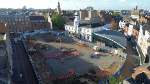 An aerial view of excavations taking place at Leicester market 