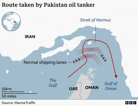 A map showing the route taken by the Pakistan oil tanker through the Strait of Hormuz. It shows the normal shipping lane through the middle of the strait, but the actual route taken is much closer to the Iranian coast.