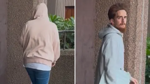 Jonny Humphries/BBC A composite image showing a woman wearing jeans and a pink hoody, who has turned her back to the camera and covered her head with the hood, and a man in his 20s with light brown hair and a ginger beard.