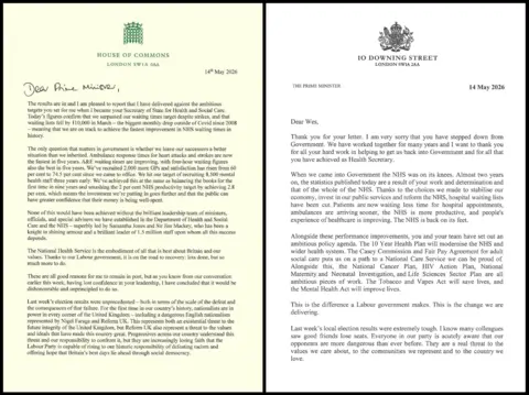 A composite image of two side-by-side letters. One is on cream paper, the other on white. The first bears the logo of the House of Commons and the second bears the insignia of 10 Downing Street