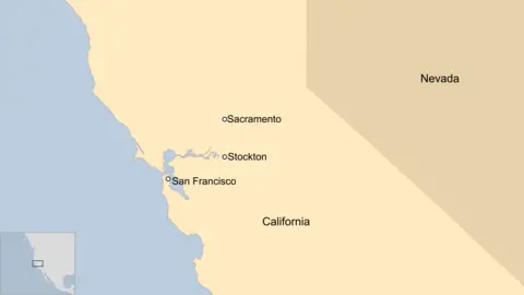 A map showing the location of Stockton in relation to Sacramento and San Francisco in California.