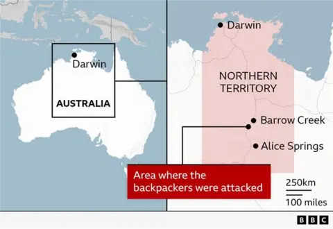 Map of Australia showing the Northern Territory, Darwin, which is at the very top of the land, and then Barrow Creek which is far more south, closer to the centre of Australia. Alice Springs is further south still, and the graphic points out the area where the backpackers were attacked, near Barrow Creek.
