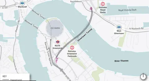 Transport for London A map of the route of the new Silvertown Tunnel in London