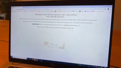 The Windmill Travel Club's website. A message says 'Windmill Travel Club have decided to call it a day and have now ceased all operations'. It goes on to thank its customers and says it will be in touch with them individually about their cancelled reservations and refunds. It adds it will only respond to emails and not texts, WhatsApp or phone calls.