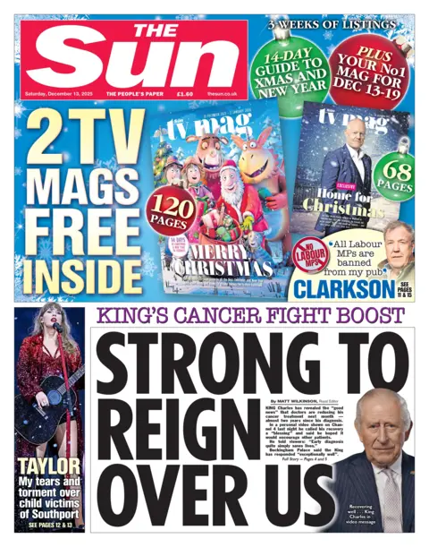 Strong reign over us," reads the headline on the front page of the Sun.