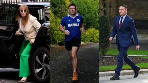 A composite for Angela Rayner getting out of a car dressed in green trousers, cream blazer and green sunglasses, Andy Burnham jogging with airpods in, a blue sports top, black shorts and orange trainers and Wes Streeting walking in a blue suit, blue shirt and burgundy tie. 