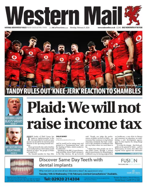 Western Mail Front page of Western Mail. The main headline reads 'Plaid: We will not raise income tax'. Another headline reads: 'Tandy rules out 'knee jerk' reaction to shambles