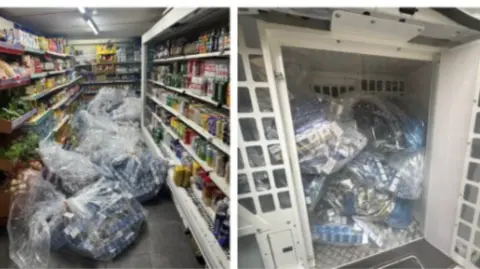 A series of transparent bags on the left are filled with blue cigarette boxes, in a supermarket aisle lined with vegetables and tins - on the right another set of clear bags with blue cigarette boxes are in a white cage.