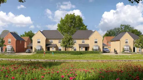 An architect's drawing of the designs for the homes, showing four detached properties in a row, with red and cream-coloured bricks and green space in front