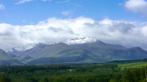 Snow on the top of Aonach Mòr seen from a distance