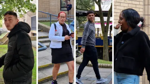 Zayne Farrugia, Michaela Gonzales, Kyle Telemaque and Jumana Fouad outside Cardiff Magistrates' Court