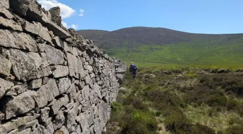 BBC Weather Watcher Rachel C A large stone wall beside fields near the Mourne Mountains in County Down. There are two walkers in the distance.