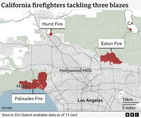 California map showing in red the areas of the three active fires as of 13 January: the Palisades Fire, the Eaton Fire and the Hurst Fire. Los Angeles, Malibu and Hollywood Hills are also labelled up for reference.