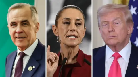 Mark Carney, Claudia Sheinbaum and Donald Trump are pictured.