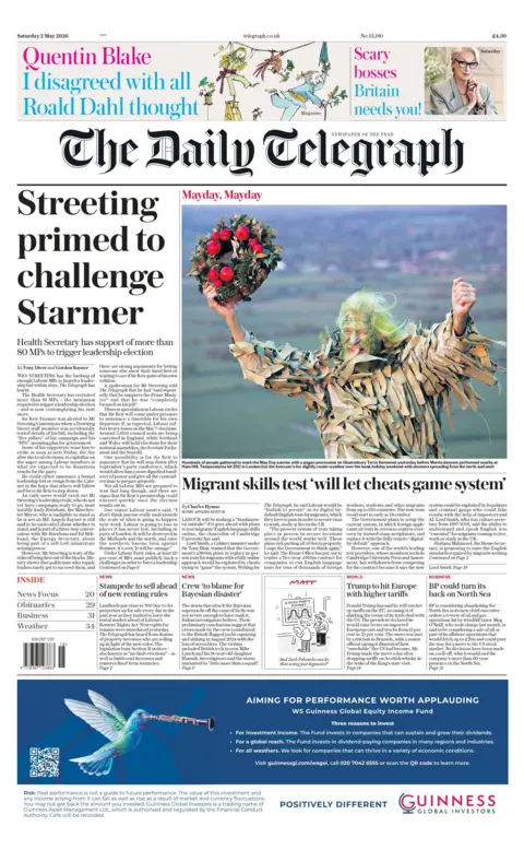 "Streeting primed to challenge Starmer," reads the headline on the front page of the Daily Telegraph.