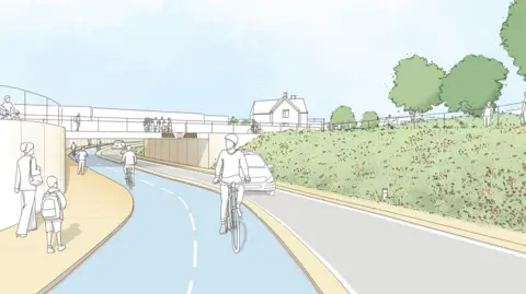 An artist impression of the underpass replacement at the London Road level crossing. People are shown walking and cycling, and a car driving.