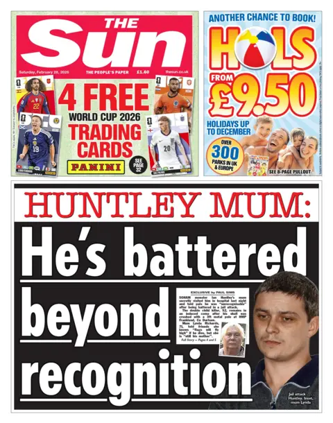 The headline on the front page of the Sun reads: "Huntley mum: He's battered beyond recognition".