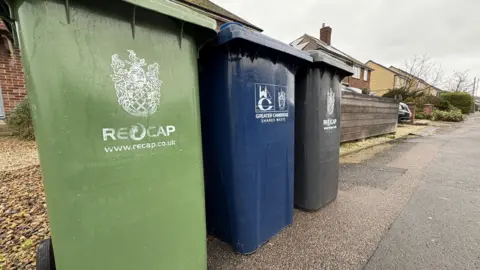 Ben Schofield/BBC Three wheelie bins - one green, one blue and one black - stand next to each other in a street. Detached houses and a car can be seen.