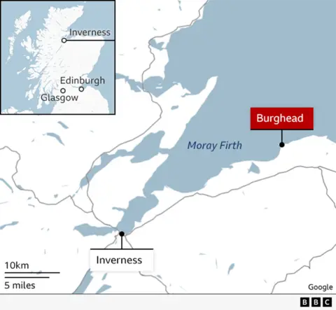 A map of the UK focusing in on Scotland and the Moray Firth coast. The locations of Inverness and Burghead are shown.