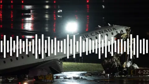 Audio waves are seen with an image of a passenger plane hat collided with a fire truck while landing at LaGuardia Airport.