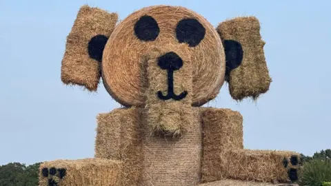 Copford Scarecrow Festival  A giant teddy made out of hay bales 