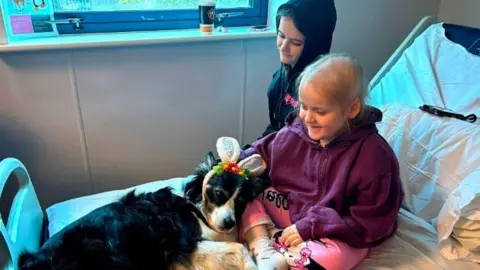 Jessica Gill Sienna pictured with a border collie dog on a hospital bed. The dog leans on Sienna's knee and her sister Amelia sits on the bed behind her. Sienna sits cross legged and wears a purple zip up hoodie. 