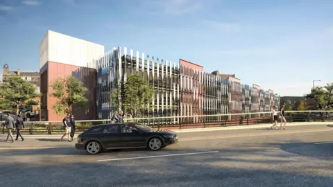 An artist's impression that includes a modern building of multiple coloured slats in black and white with red and white facia amongst the slats. There is a road with a black car and people walking. There are also trees.