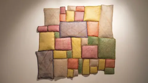 The image shows a textile-based wall artwork composed of many small, padded rectangular sections arranged into an irregular grid-like shape. The piece is mounted against a plain, light-coloured wall.