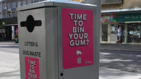 Exeter City Council The image shows a bright pink metal sign installed on a silver bin in Exeter City Centre. It has the phrase "Bin Your Gum" written in white and bold above a picture of a hand throwing some gum in a bin. 