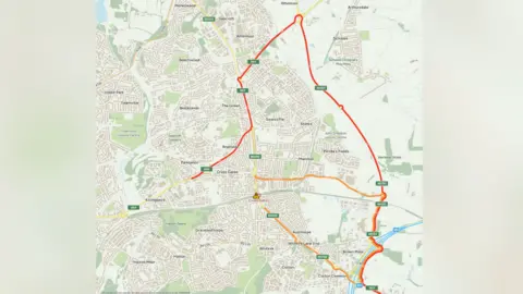 BBC / Elizabeth Baines A map of the diversions in place during the works.