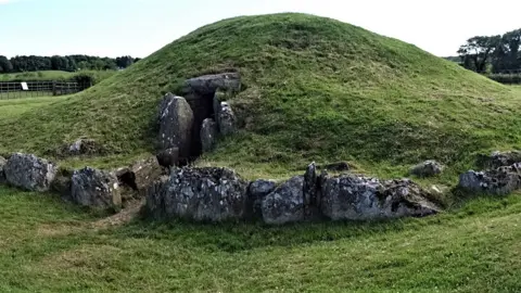 A circular stone structure with upright pillars surmounted with a capstone covered in turf.