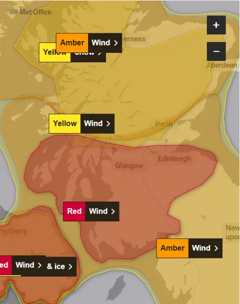 Met Office A Met Office graphic showing the central belt and south west Scotland covered by a red wind warning. A dark blue wind warning has been issued for the rest of the country.