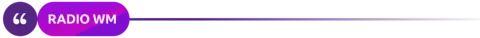A textured purple circle and plain purple pill-shaped oblong with curved edges sitting next to each other on a line, which gradually fades across the screen from left to right. The words "Radio WM" are written in the oblong