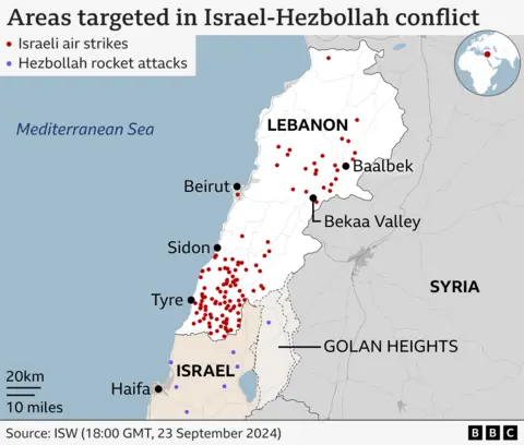 Map showing locations of Israeli air strikes in Lebanon and Hezbollah rocket attacks on Israel (23 September 2024) 