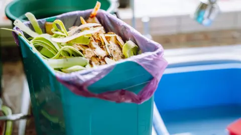 The image shows food waste in blue waste bin with a degradable pink plastic bag. In the background a sink and tap can be seen, as well as the ledge of the sink.