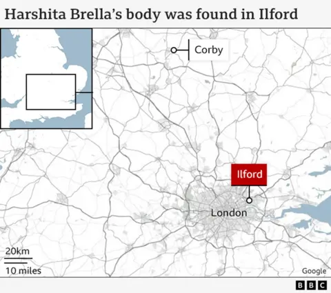 A map partly showing the midlands and part of south-east England including central London. The town of Corby in Northamptonshire is labelled, as is Ilford in London. They are about 100 miles apart