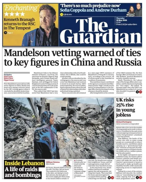 "Mandelson vetting warned of ties to key figures in China and Russia" reads the headline on the front page of the Guardian.