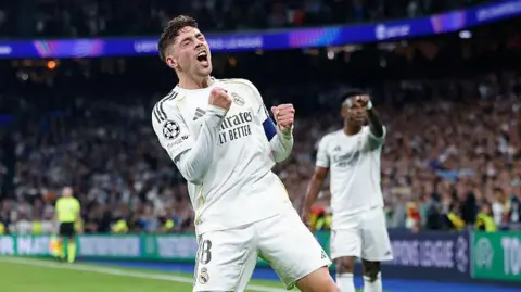 Federico Valverde celebrates scoring for Real Madrid against Manchester City