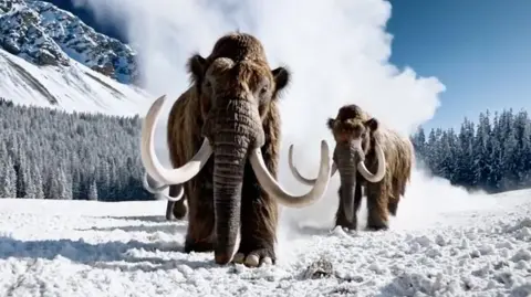 Two woolly mammoths walking towards the camera in a snow-covered landscape 