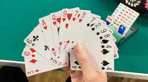 A set of cards held in a hand, with the cards fanned out to display all the suits and numbers. A green table in the background.