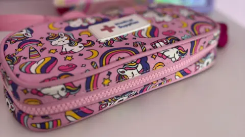 Epicase A pink case with unicorns on it, showing a medical sign, and a large zip round it.